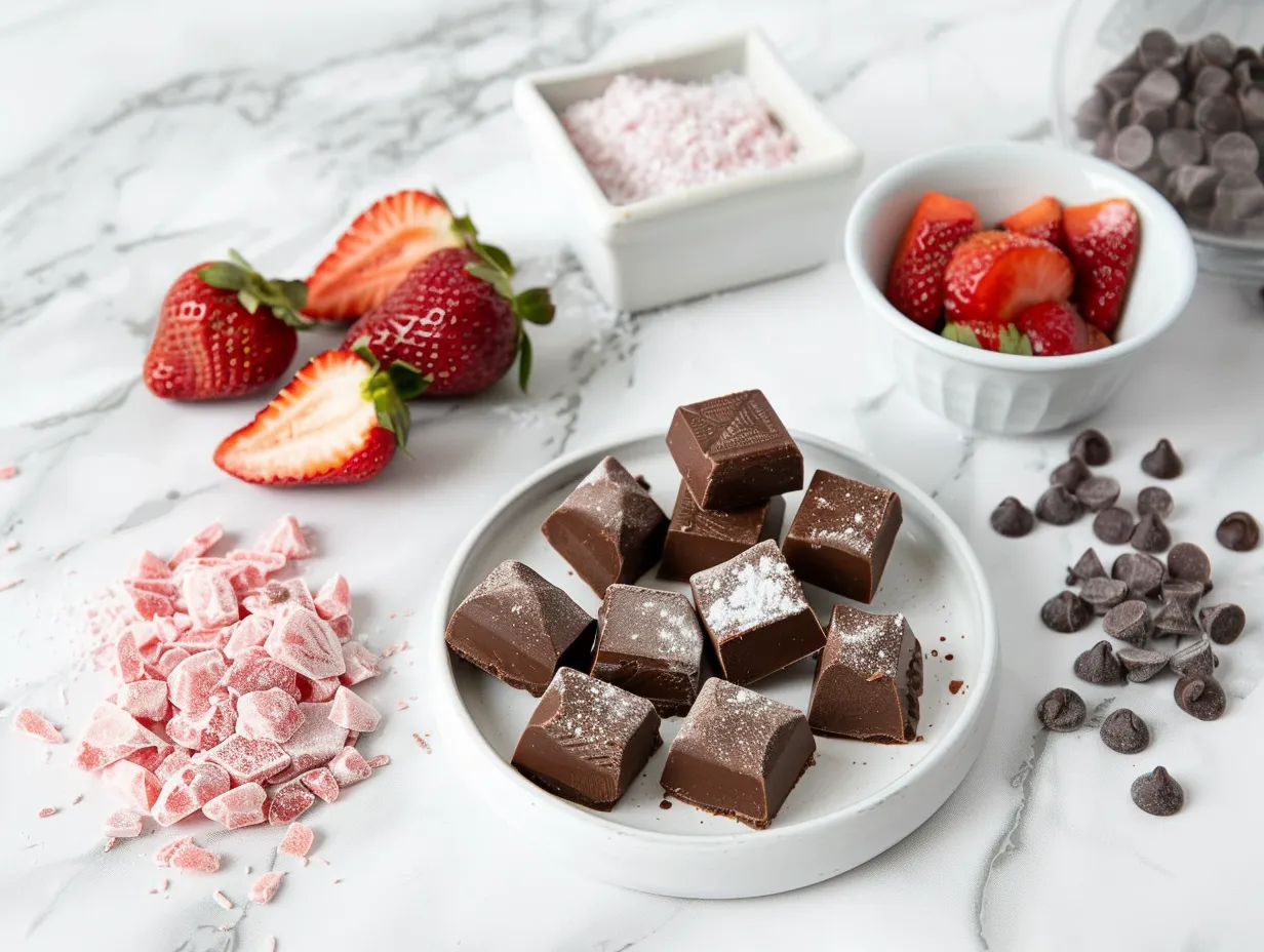 Ingredients for making Chocolate Strawberry Frozen Yogurt Bites