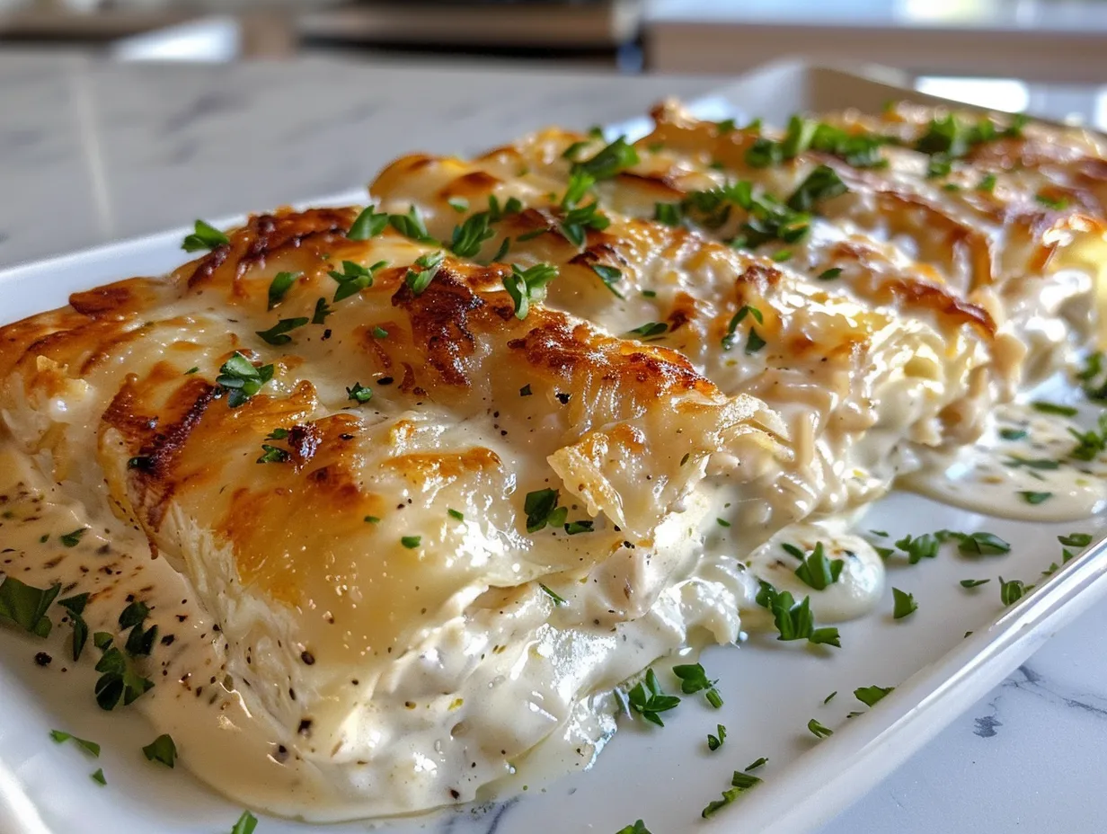 Deliciously displayed creamy chicken roll-ups on a platter