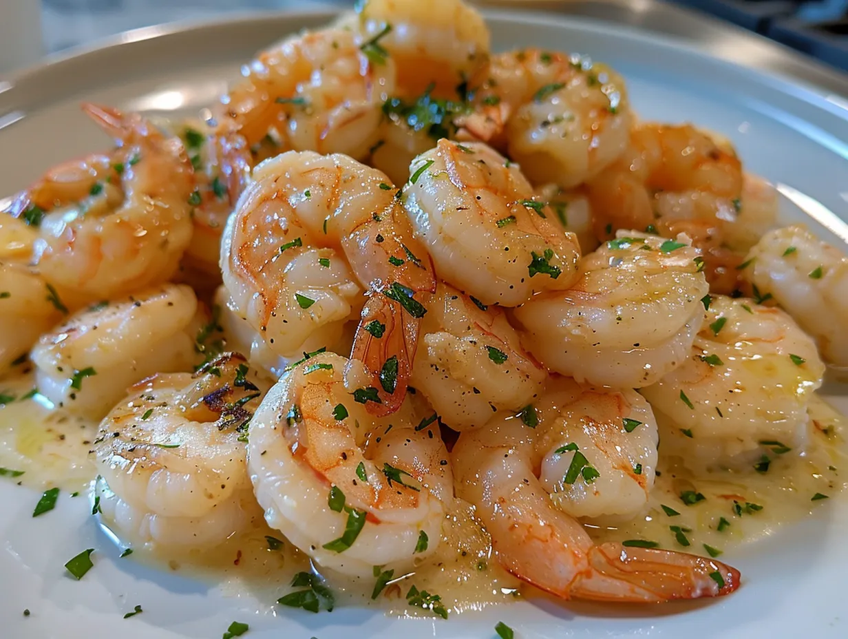 Creamy Garlic Shrimp served as an appetizer on toasted bread.