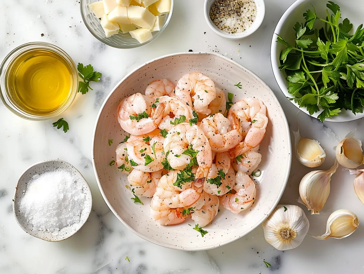 Ingredients for Creamy Garlic Shrimp: shrimp, butter, garlic, wine, mascarpone, parsley, red pepper flakes, salt, pepper, lemons, pasta.