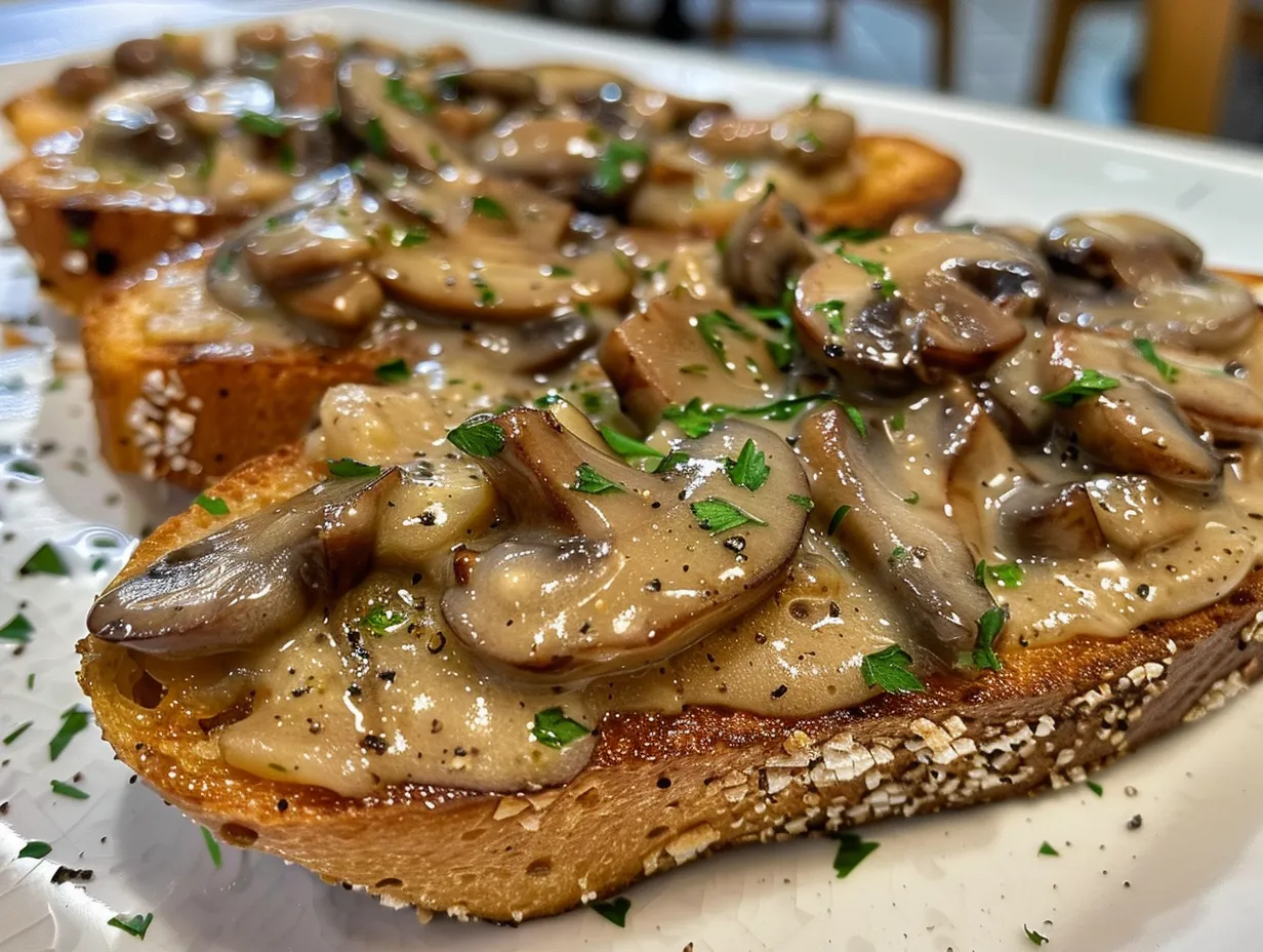 Creamy Mushroom Toast served on rustic bread