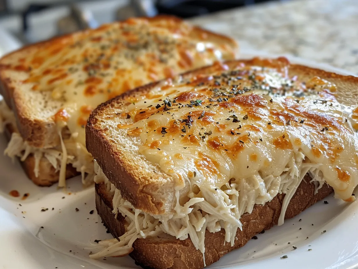 Close-up shot of a delicious cheesy tuna melt sandwich sliced in half.