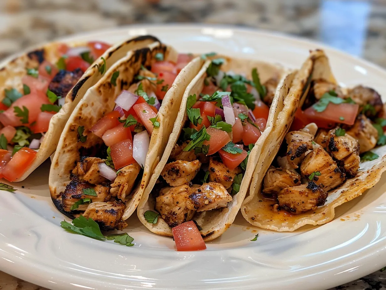 A close-up shot of perfectly assembled chicken tacos, showcasing the juicy filling and fresh toppings, ready to be devoured.