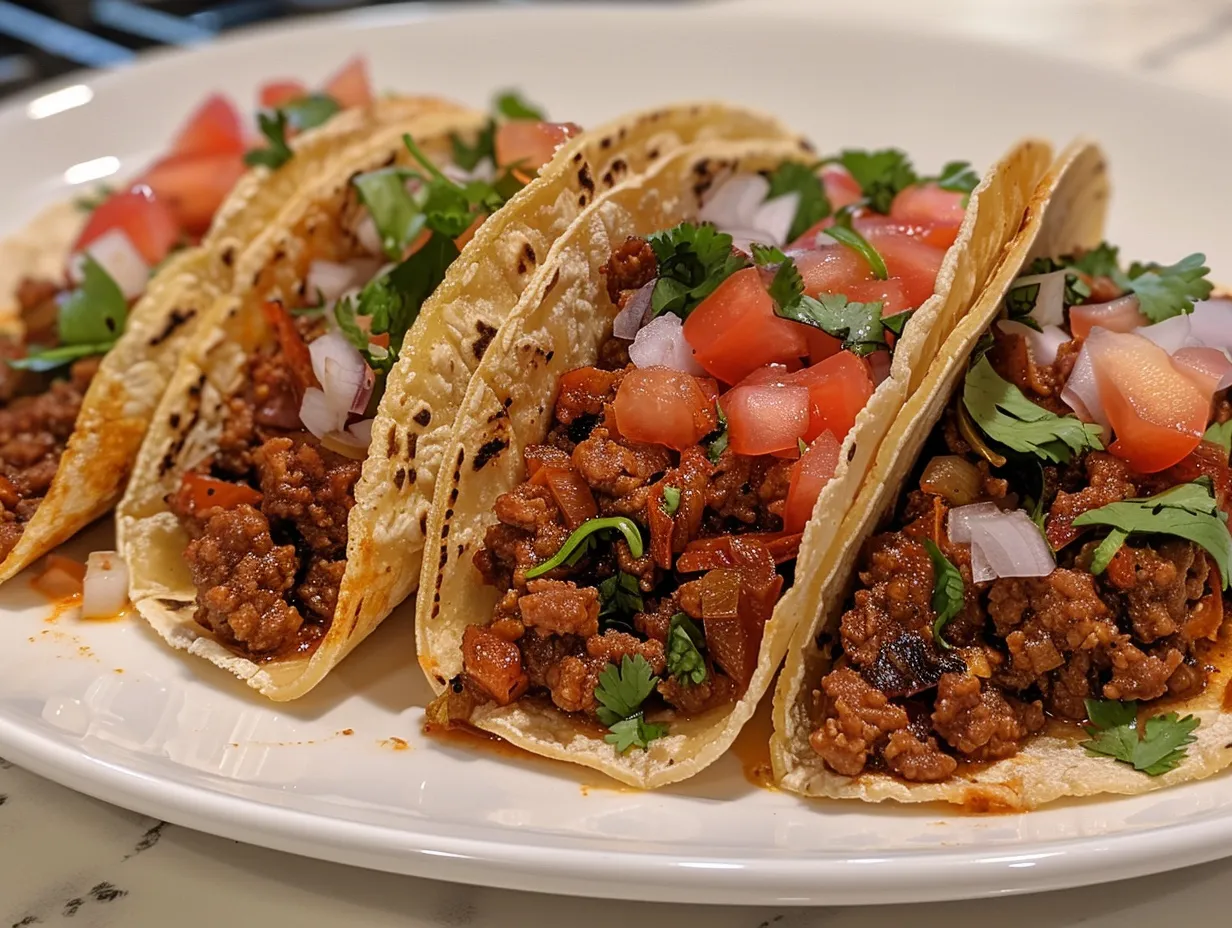 Delicious chorizo tacos piled high and ready to eat.
