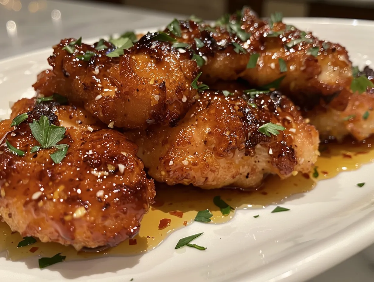 Delicious Crispy Feta Chicken with Hot Honey Drizzle plated and ready to eat.