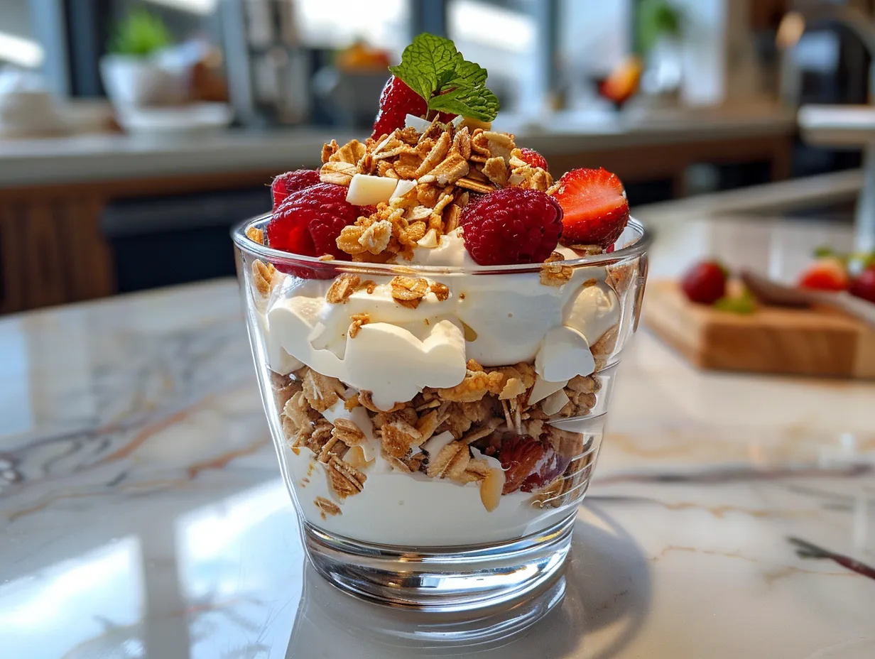 A delicious-looking Greek Yogurt Parfait with layers of yogurt, granola, and berries, ready to be eaten.