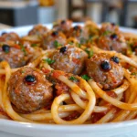 Delicious Halloween Pasta with Meatball Eyeballs on a Table