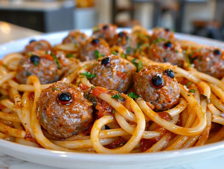 Delicious Halloween Pasta with Meatball Eyeballs on a Table