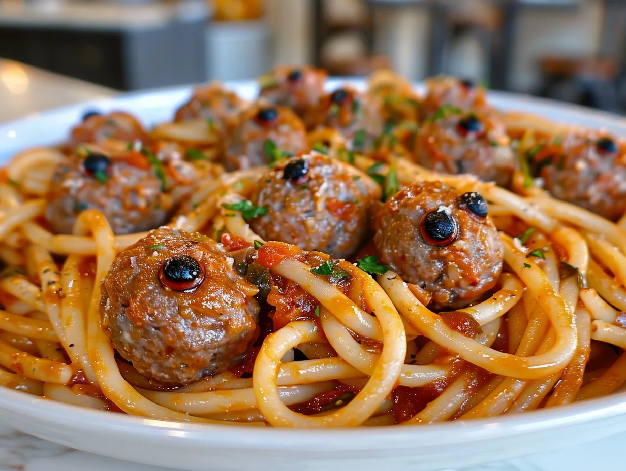 Delicious Halloween Pasta with Meatball Eyeballs served on a table, garnished with basil.