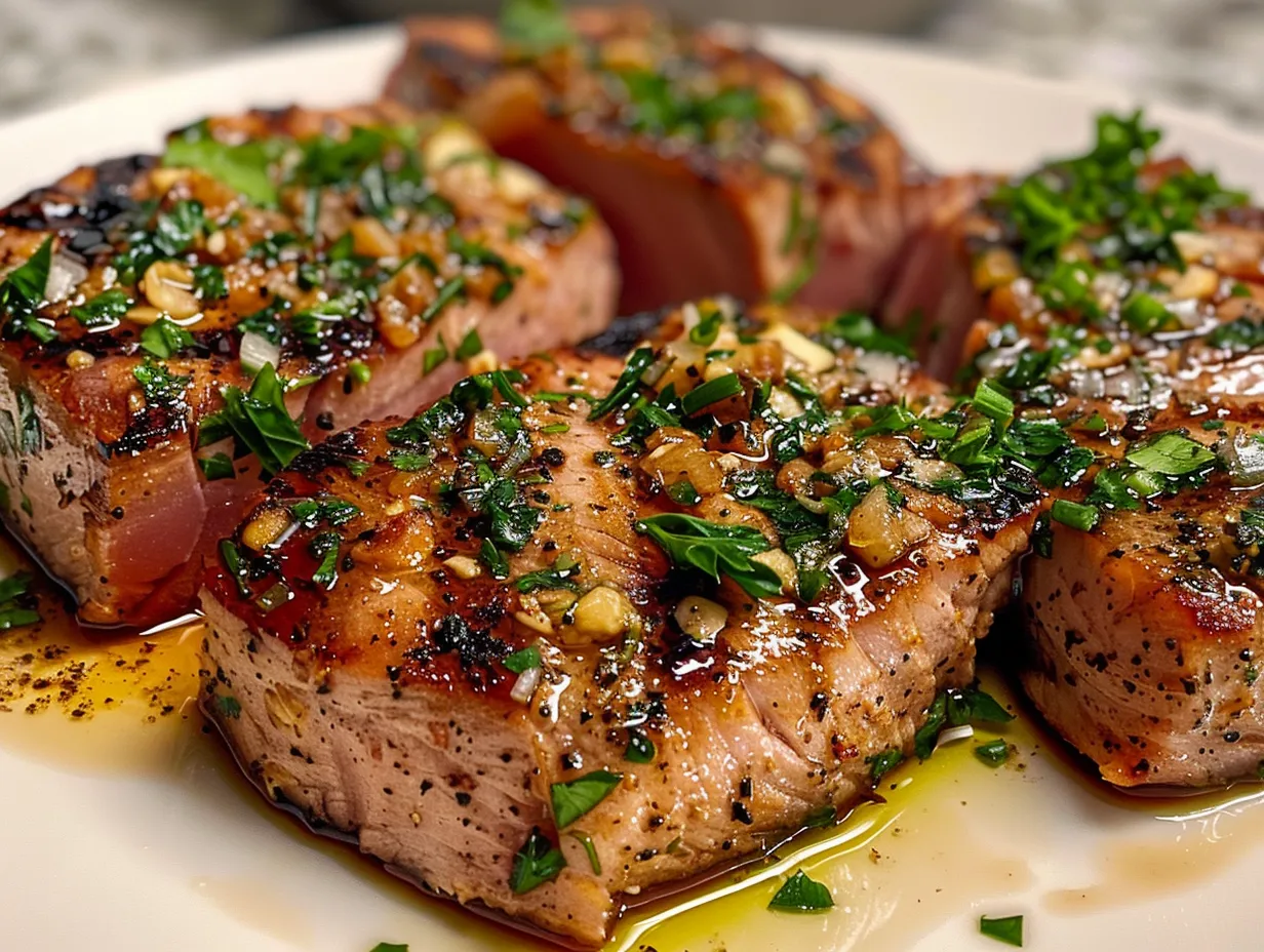 Delicious seared tuna steaks with garlic herb butter on a plate