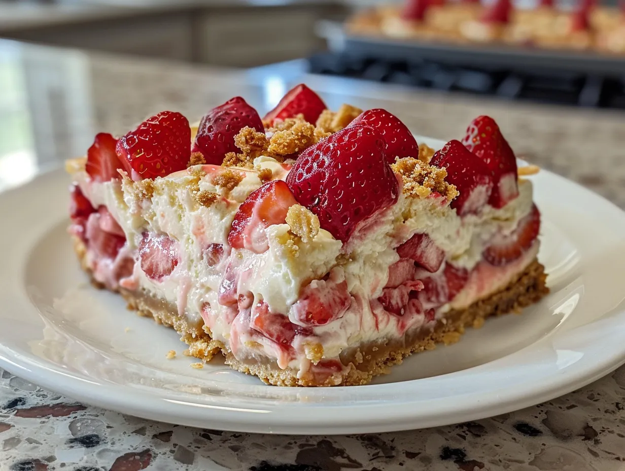 Delicious slice of strawberry cheesecake dump cake
