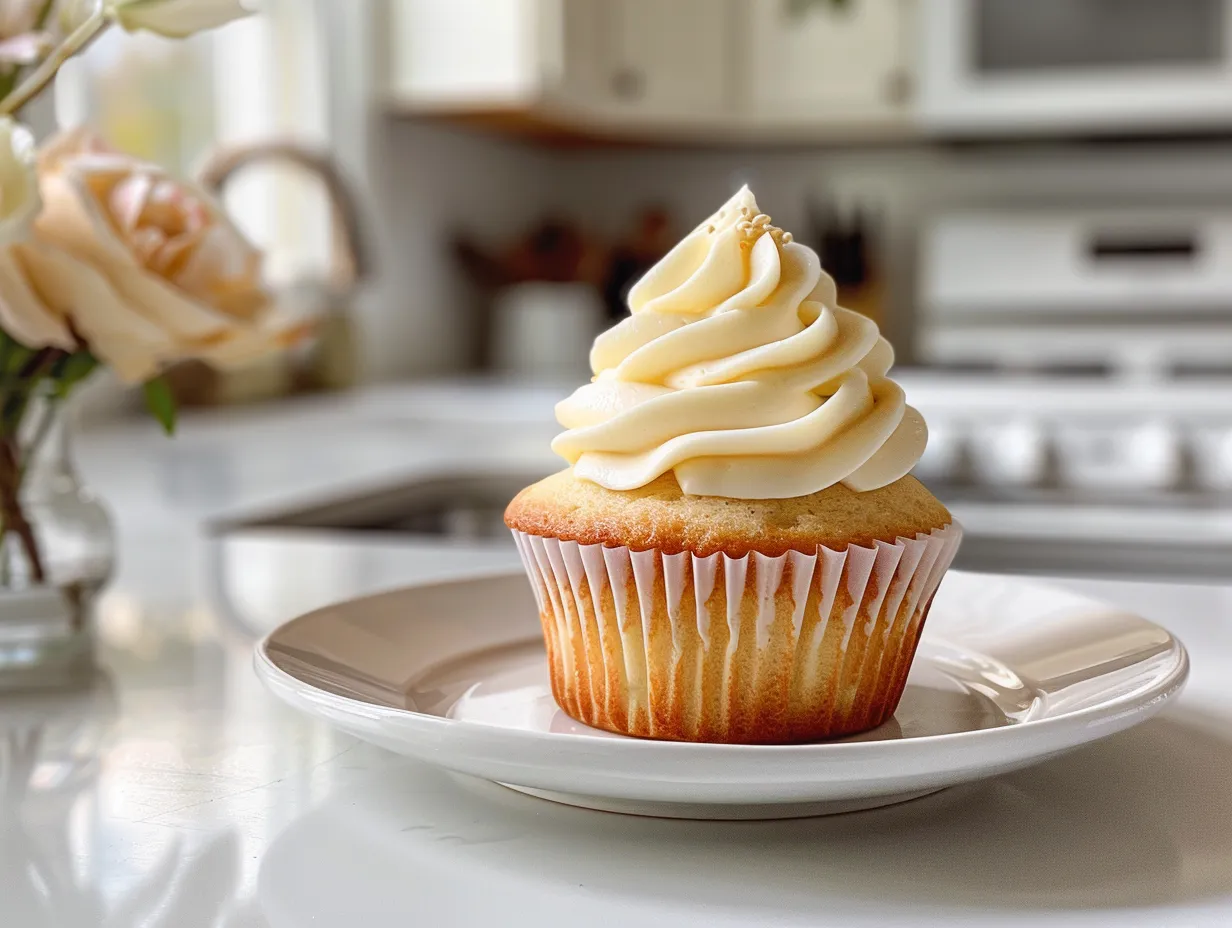 A platter of vanilla cupcakes with creamy vanilla buttercream frosting.