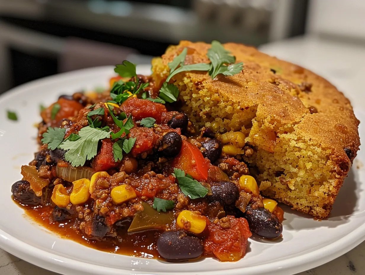 Delicious Vegetarian Chili with Cornbread served in a bowl
