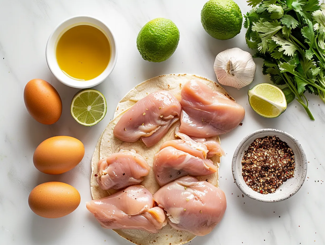 A colorful array of fresh ingredients, including chicken, bell peppers, onions, and spices, artfully arranged for making delicious chicken tacos.