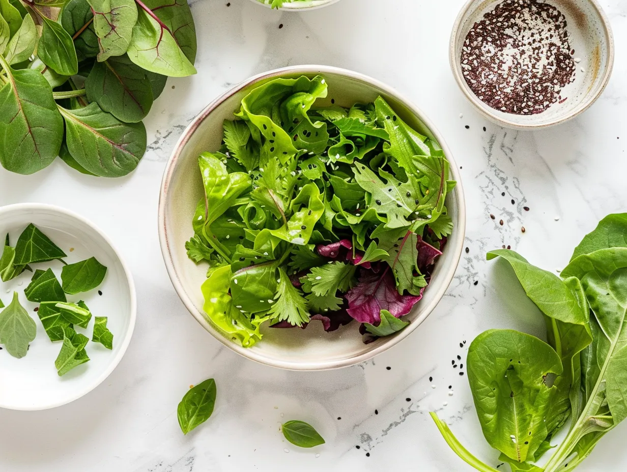 Fresh ingredients for making Asian Sesame Lettuce Salad including lettuce, carrots, cabbage, edamame, mandarin oranges, and sesame seeds.