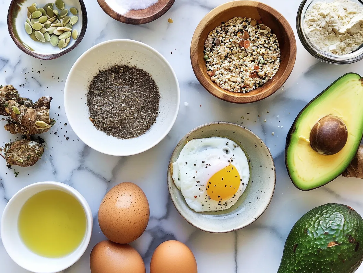 Fresh ingredients, including avocado, eggs, and dukkah, ready for making avocado toast