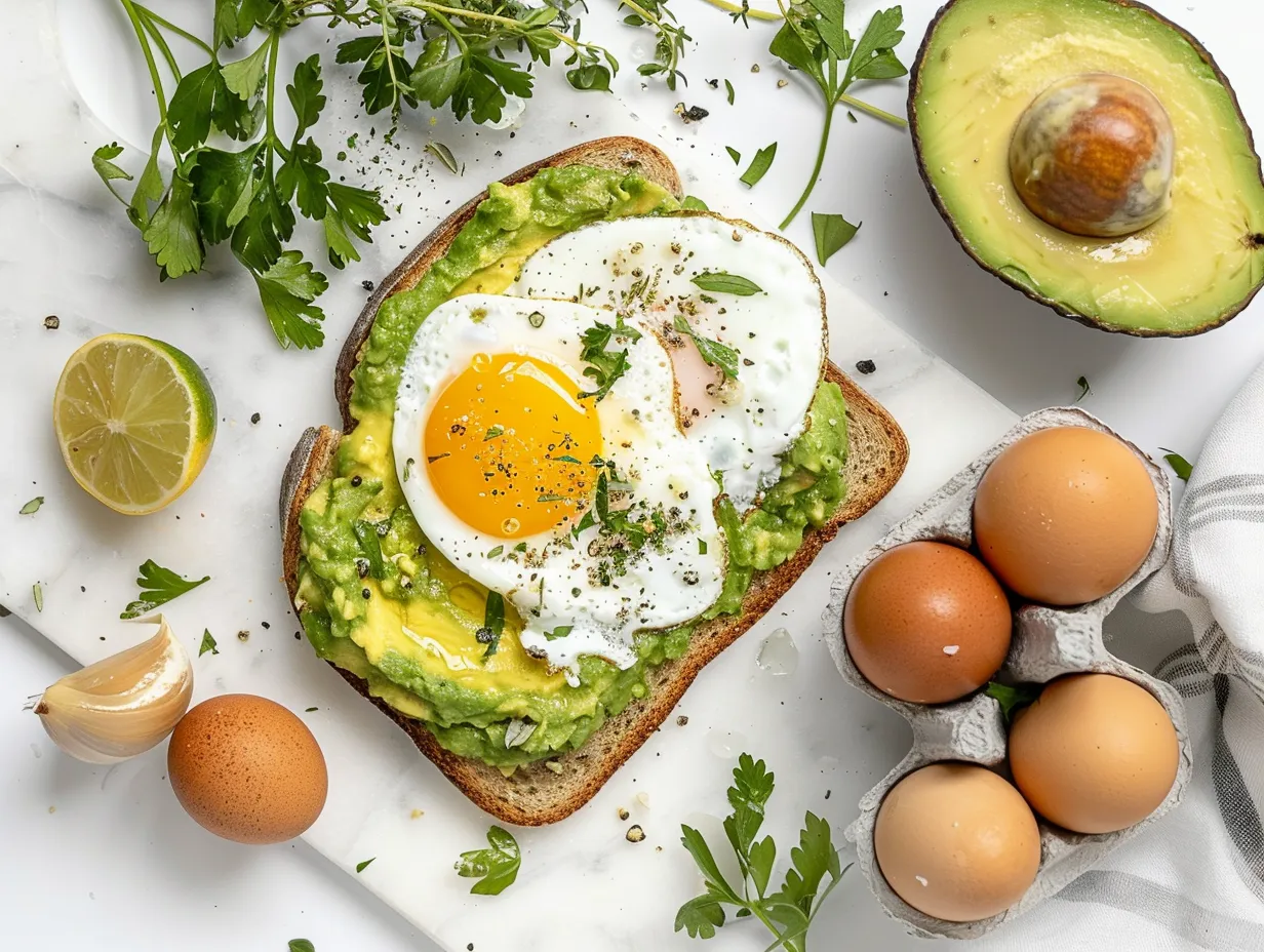 Fresh ingredients for Avocado Toast with Egg, including avocado, eggs, bread, and spices