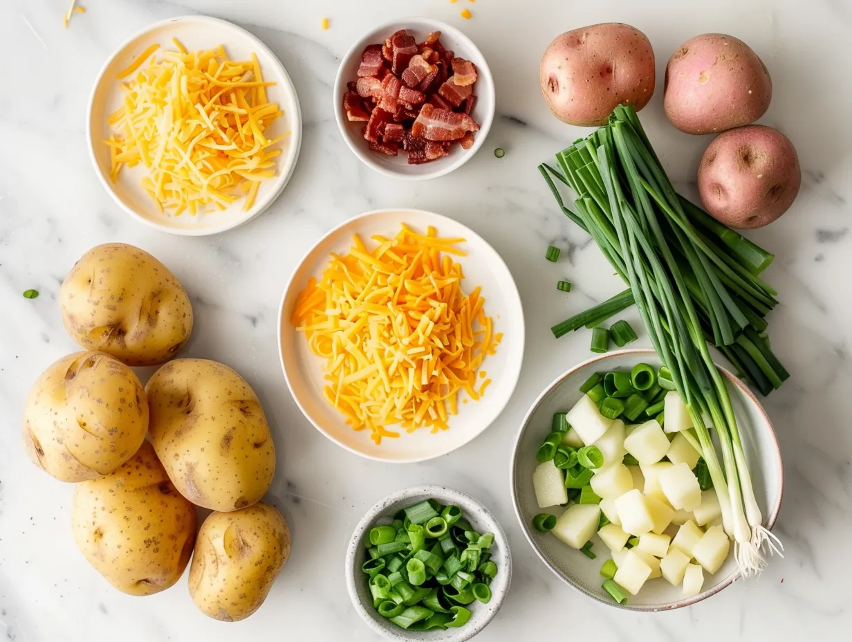 Fresh ingredients, including russet potatoes, bacon, onion, and garlic, arranged for making delicious loaded baked potato soup