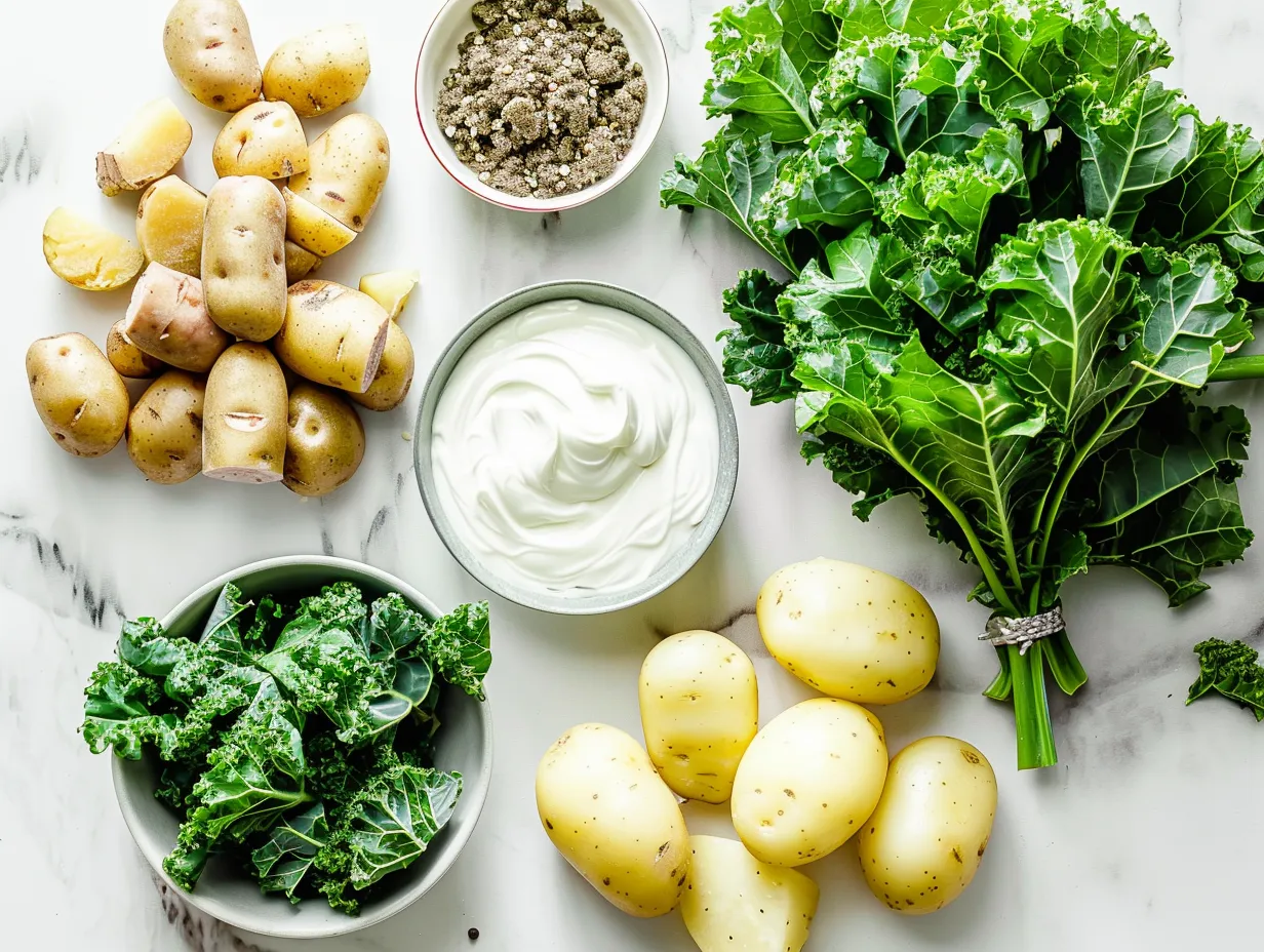 Fresh ingredients neatly arranged for making Instant Pot Zuppa Toscana Soup, showcasing the vibrant colors of Italian sausage, russet potatoes, kale, and spices.