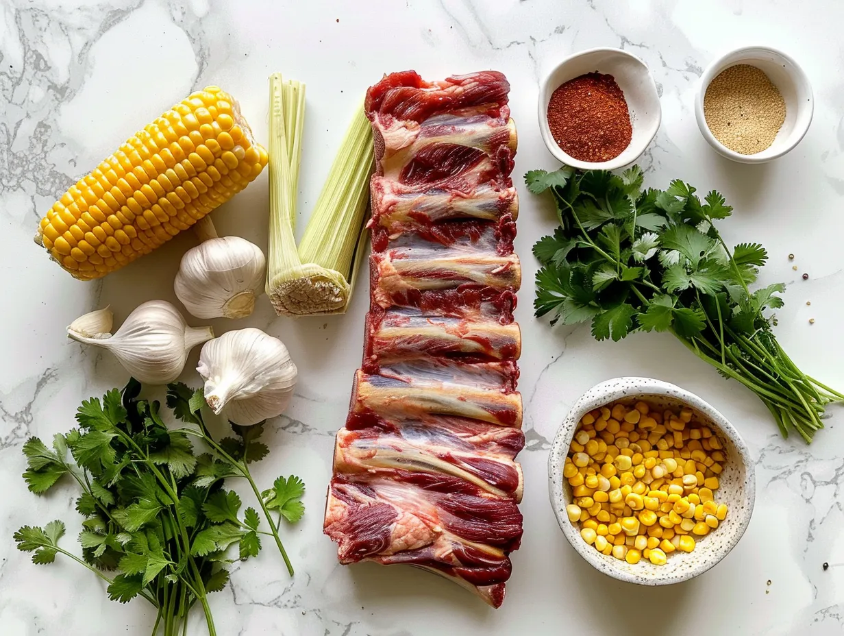Fresh ingredients like corn, cilantro, and spices for making delicious Mexican Corn Ribs