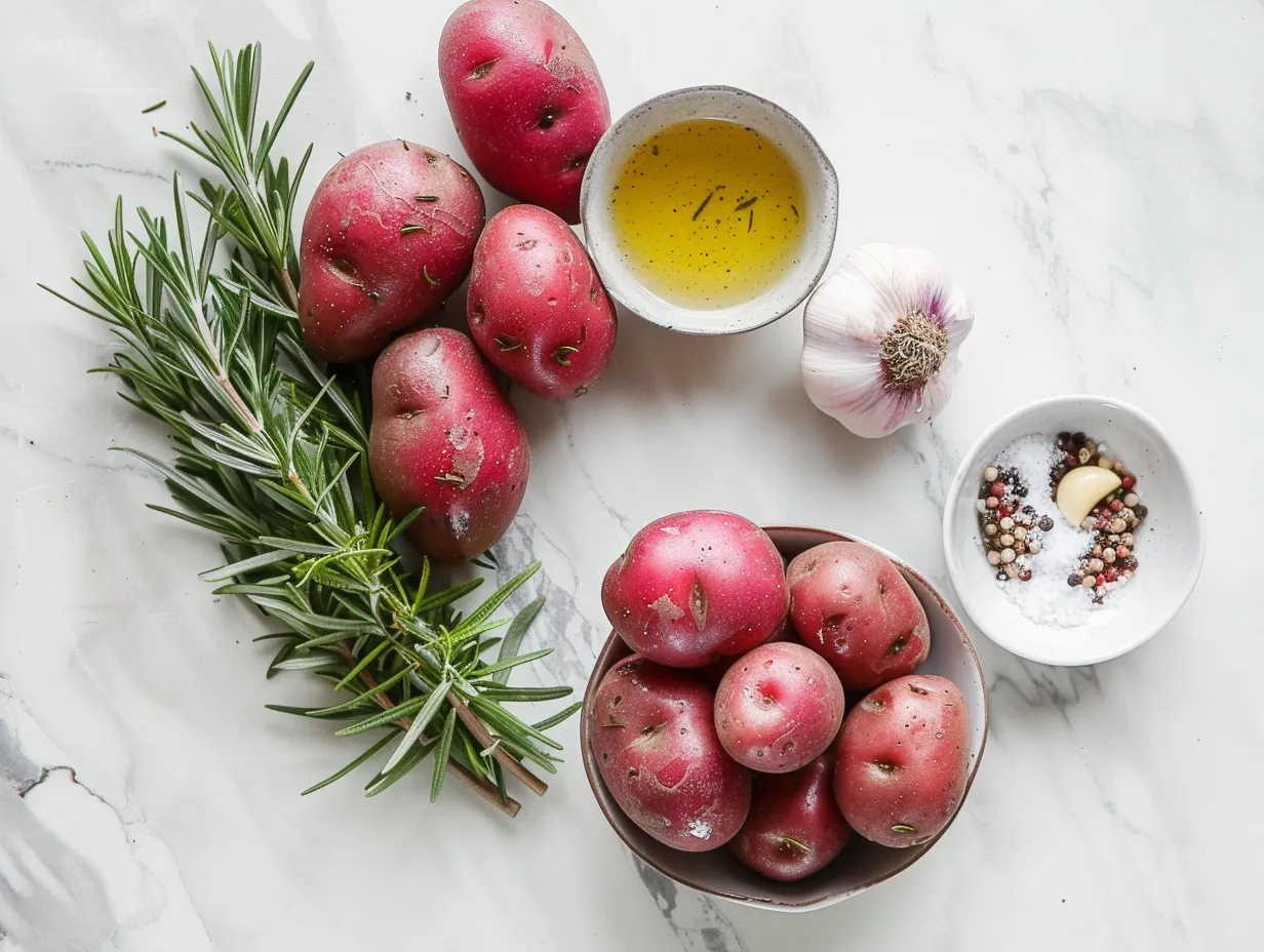 A vibrant array of fresh ingredients, including baby red potatoes, olive oil, garlic, rosemary, thyme, sea salt, and black pepper, artfully arranged to showcase the essentials for creating perfectly roasted red potatoes.