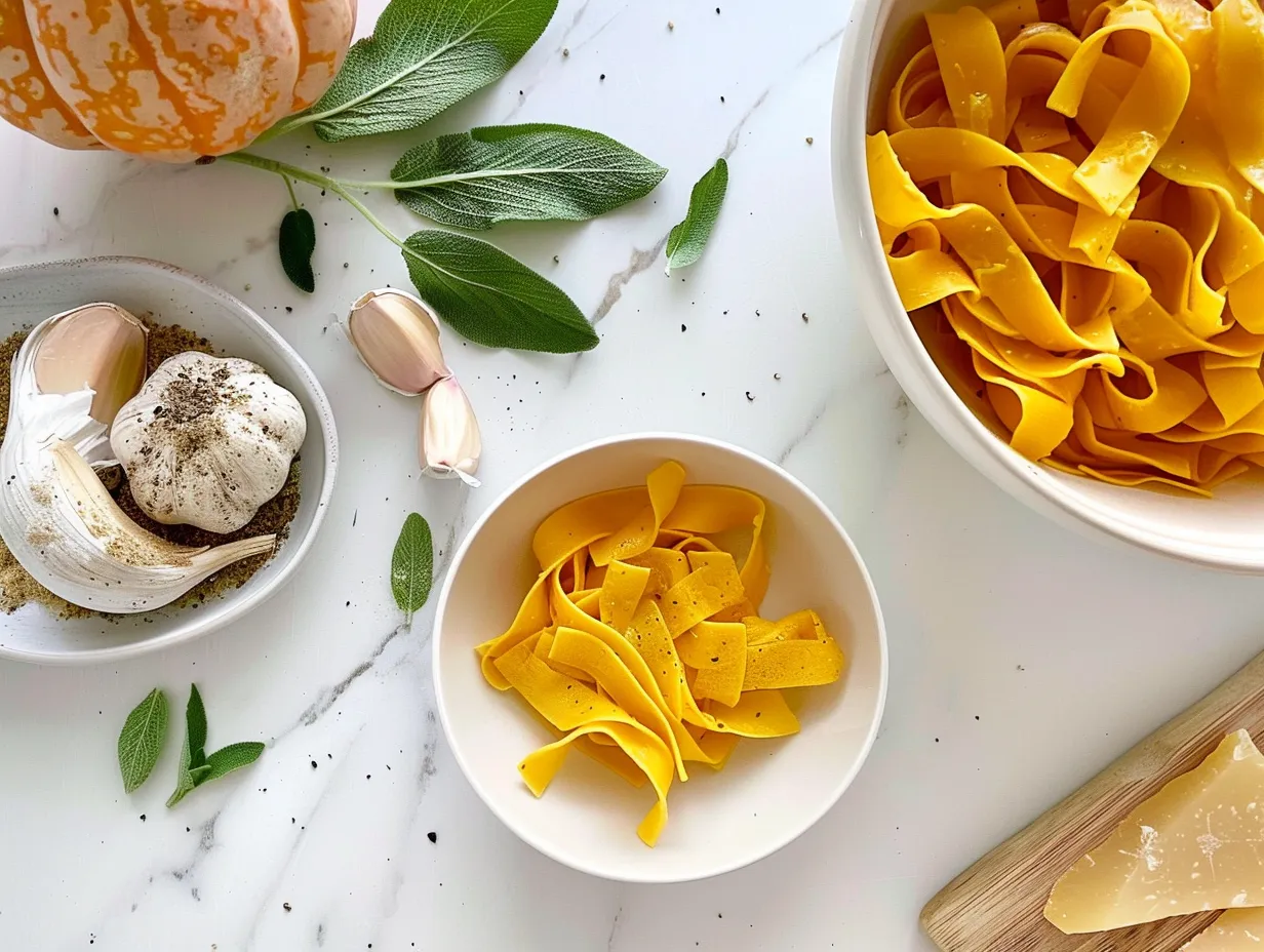 Fresh ingredients for making pumpkin pasta with sage, including pumpkin puree, sage, garlic, and spices.
