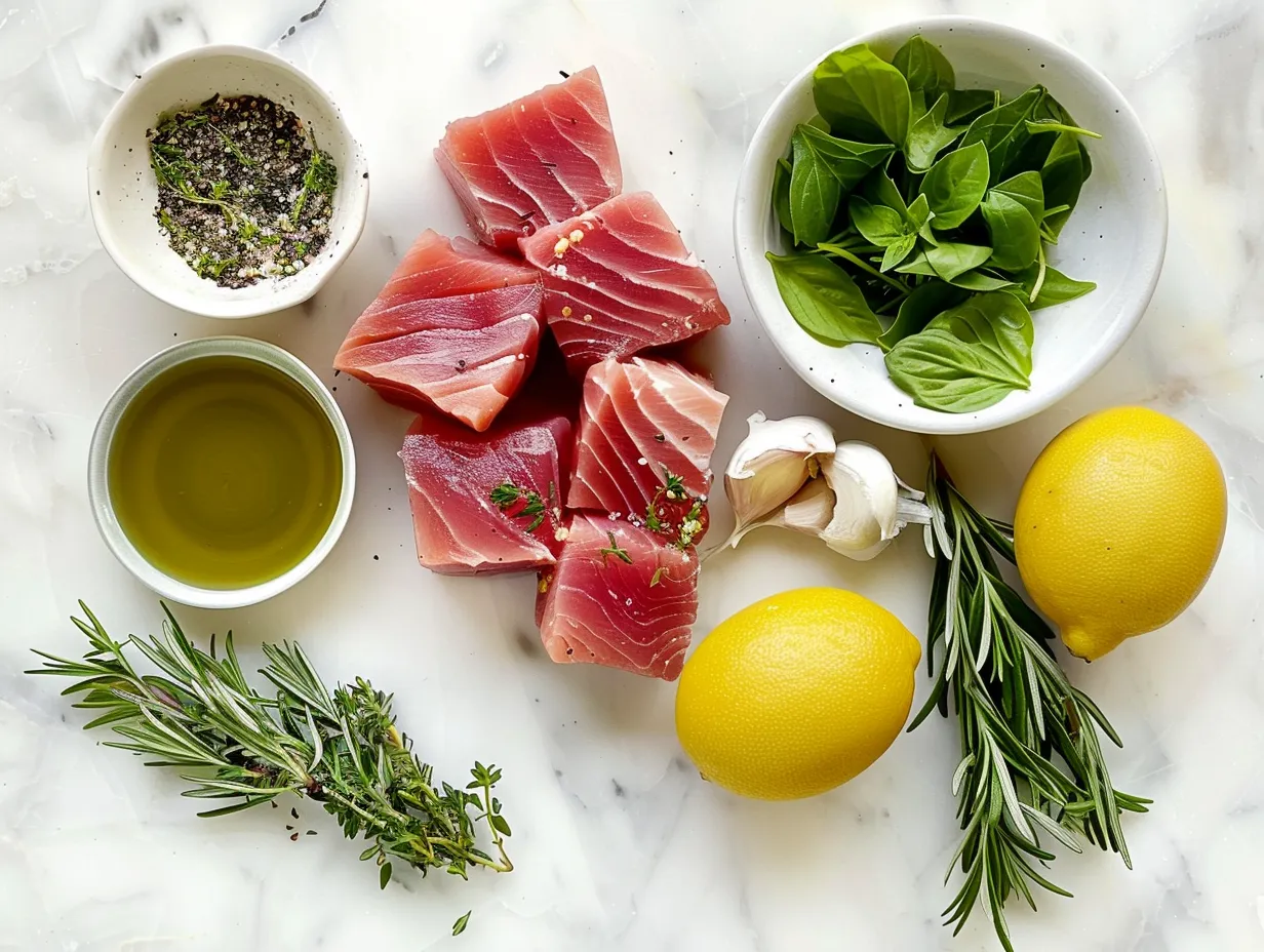 Fresh ingredients for preparing seared tuna steaks with garlic herb butter