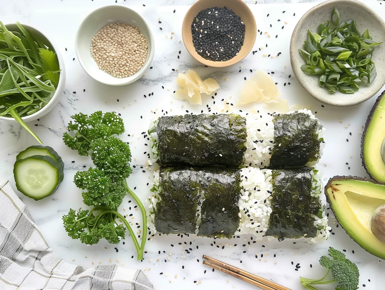 Fresh ingredients for making vegan sushi rolls, including avocado, tofu, nori sheets, and sesame seeds.