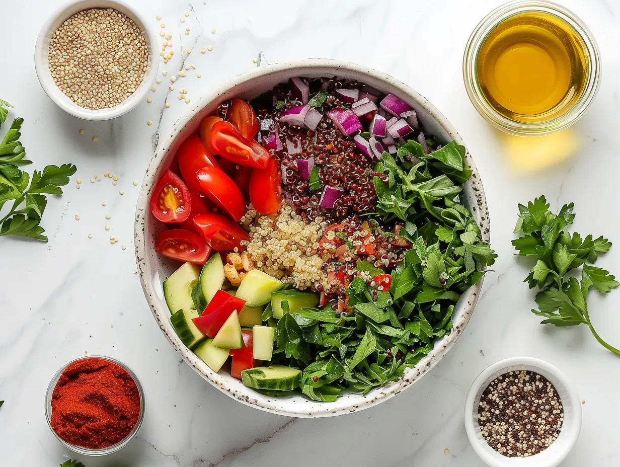 Fresh ingredients including quinoa, bell peppers, zucchini, red onion, black beans, corn, avocado, and cilantro for making a Vegetarian Quinoa Salad Bowl.