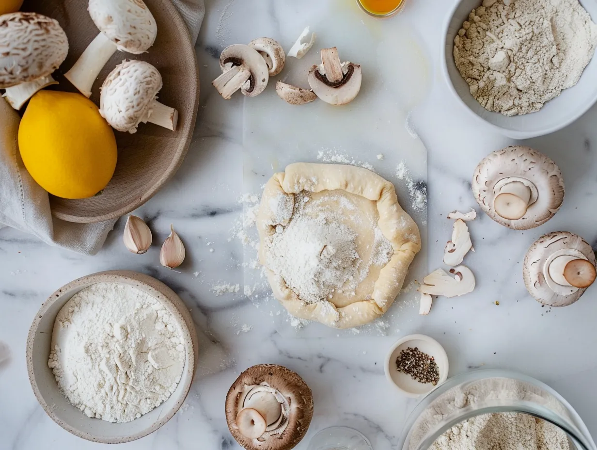 Fresh ingredients for making a delicious mushroom galette, including mushrooms, onions, garlic, herbs, and cheese.