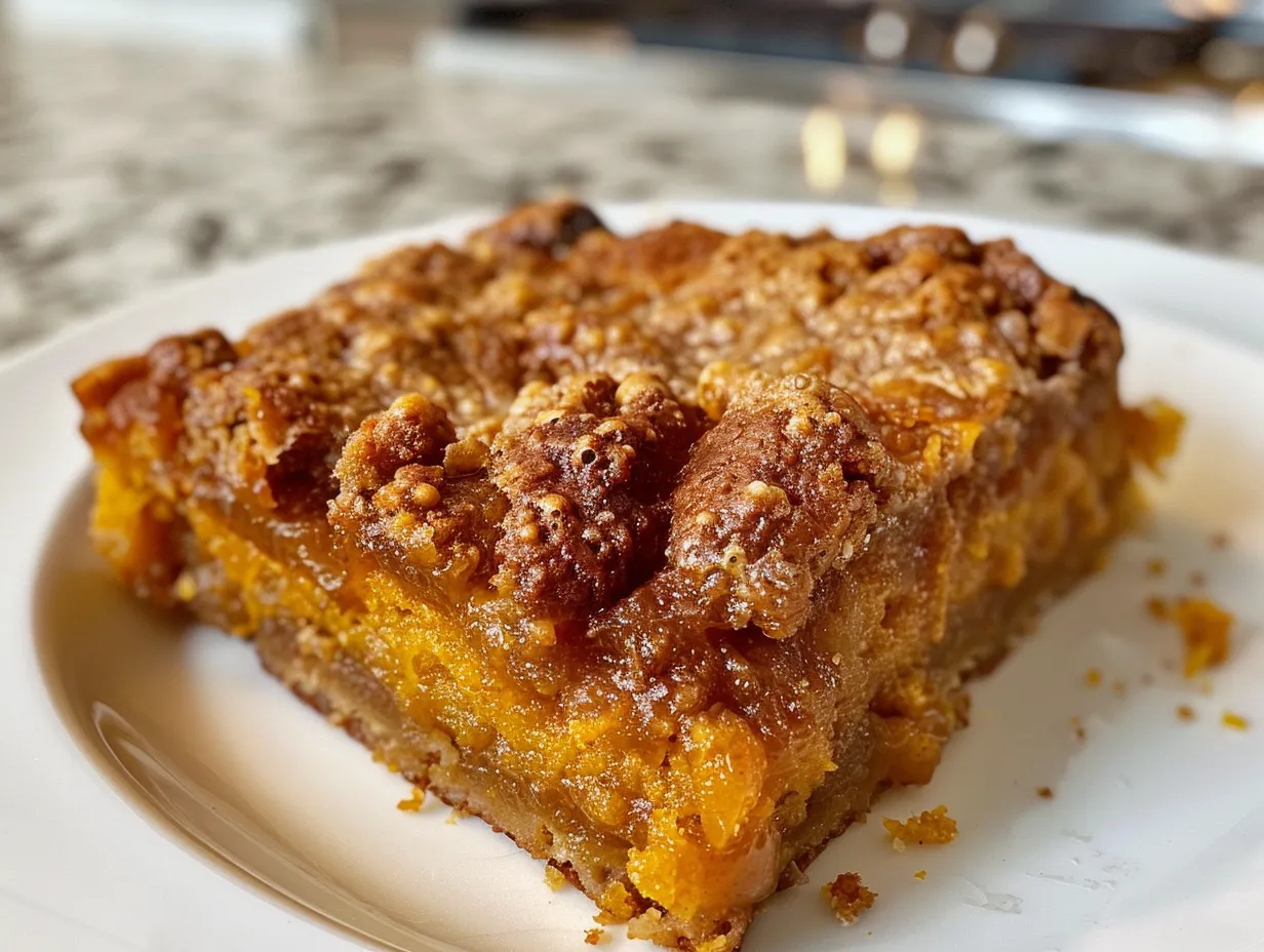 Freshly baked pumpkin dump cake with a golden brown top, ready to be served.