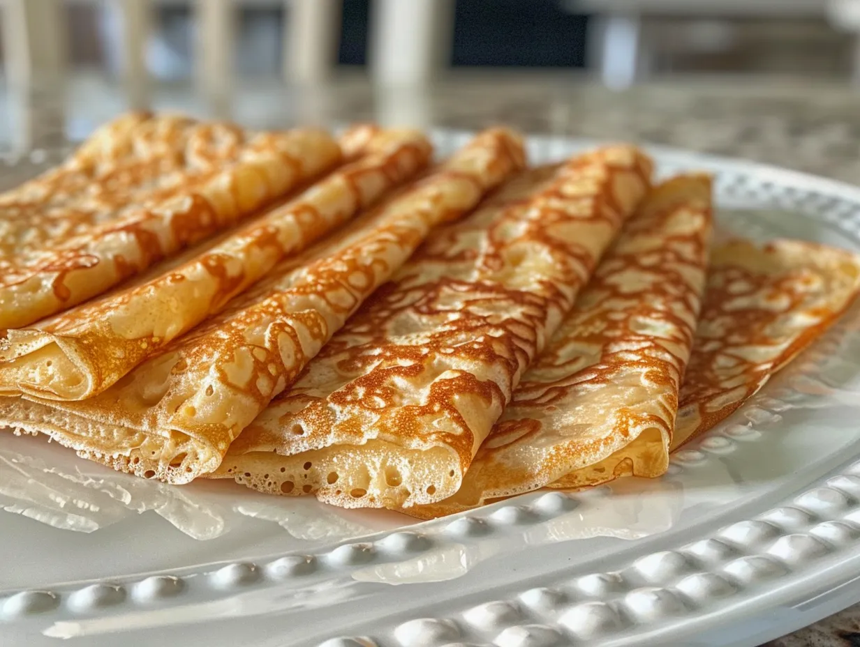Stack of freshly made oatmeal crepes, golden brown and ready to be served.