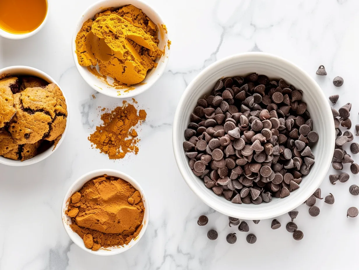 Ingredients for Gluten Free Pumpkin Chocolate Chip Muffins including flour, pumpkin puree, chocolate chips, and spices.