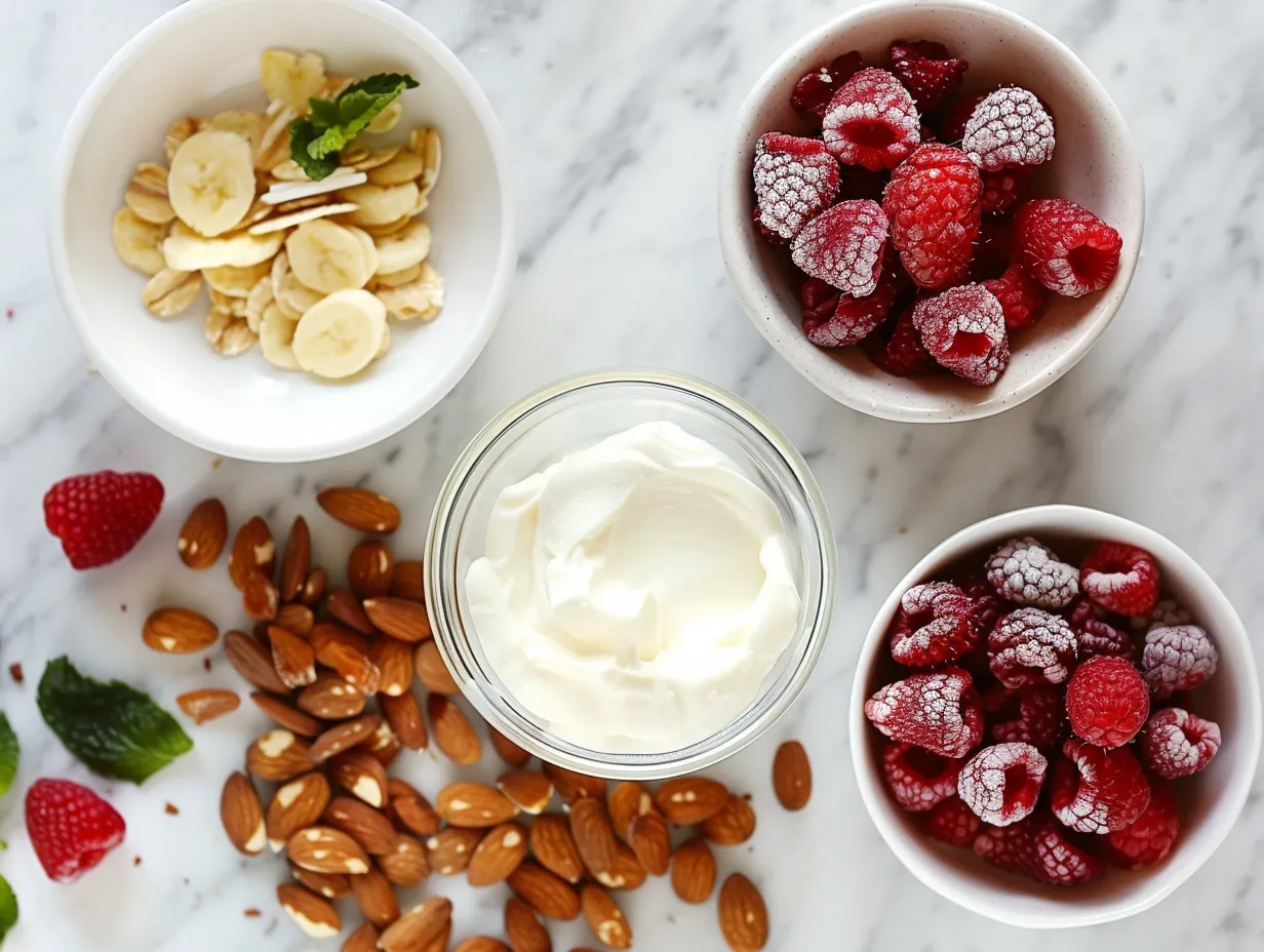 Ingredients for making a Greek Yogurt Parfait, including Greek yogurt, granola, fresh berries, and honey.