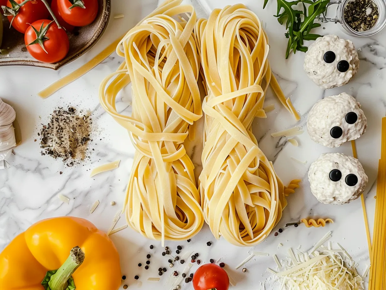 Raw ingredients for Halloween Pasta with Meatball Eyeballs, including pasta, ground meat, breadcrumbs, and mozzarella.