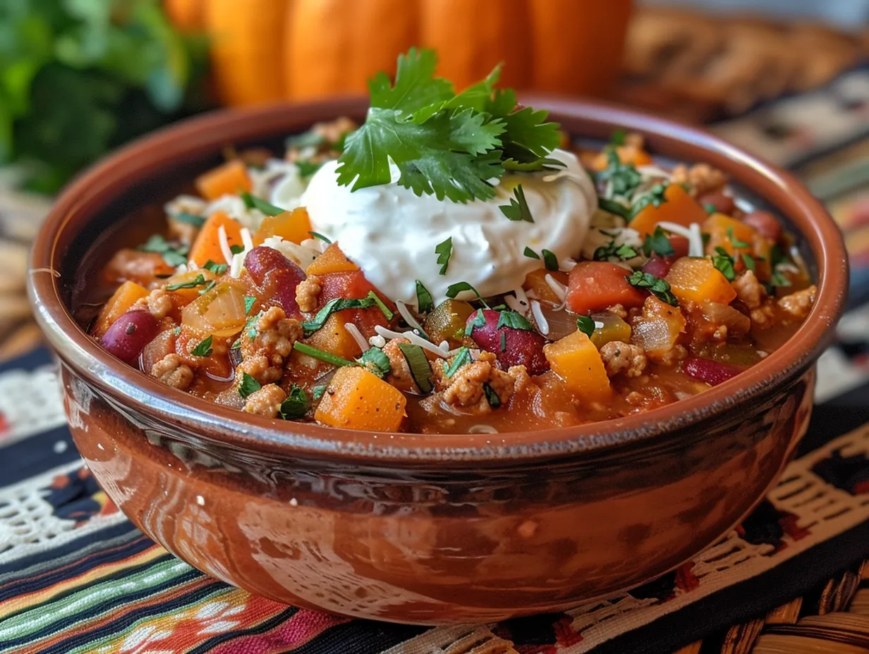 Hearty bowl of Turkey Pumpkin Chili