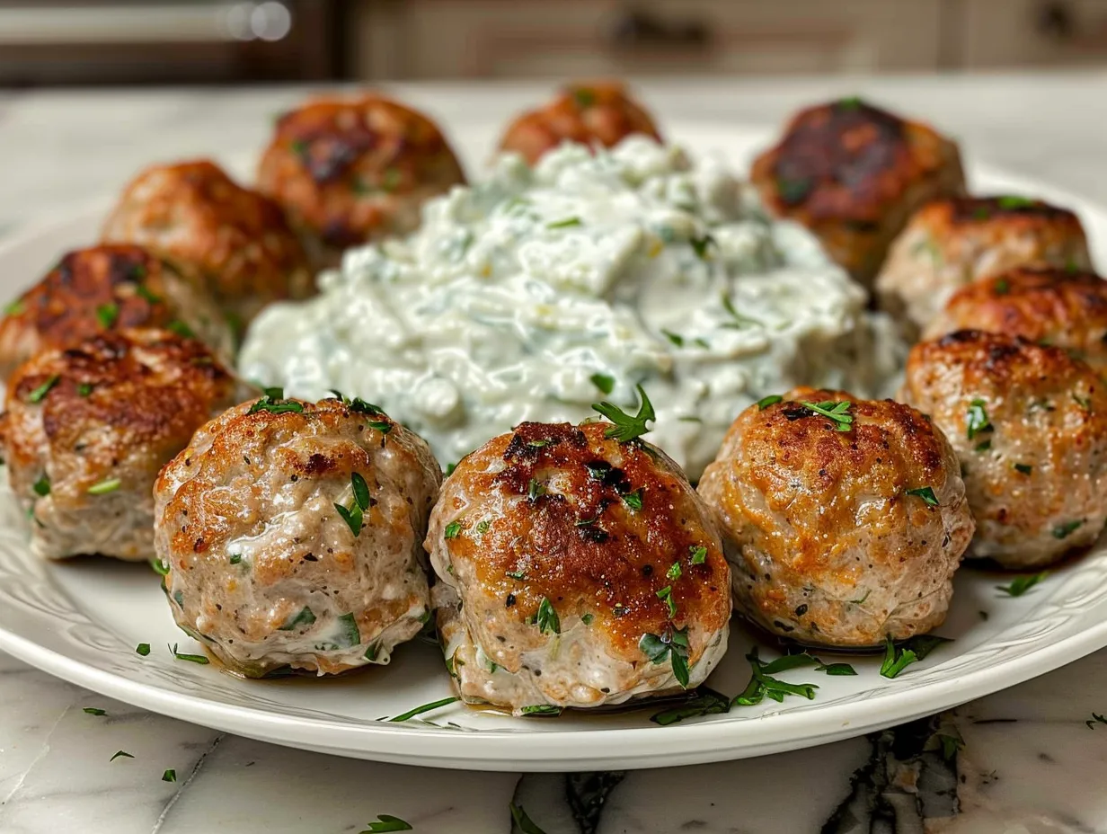 Homemade Greek Turkey Meatballs with Tzatziki Sauce plated and ready to serve