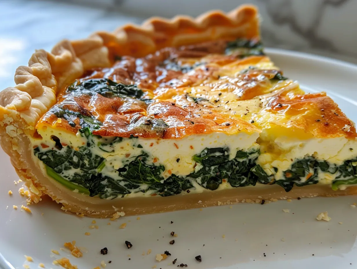 Homemade Ricotta Spinach Quiche with a golden-brown crust and visible spinach and ricotta filling.
