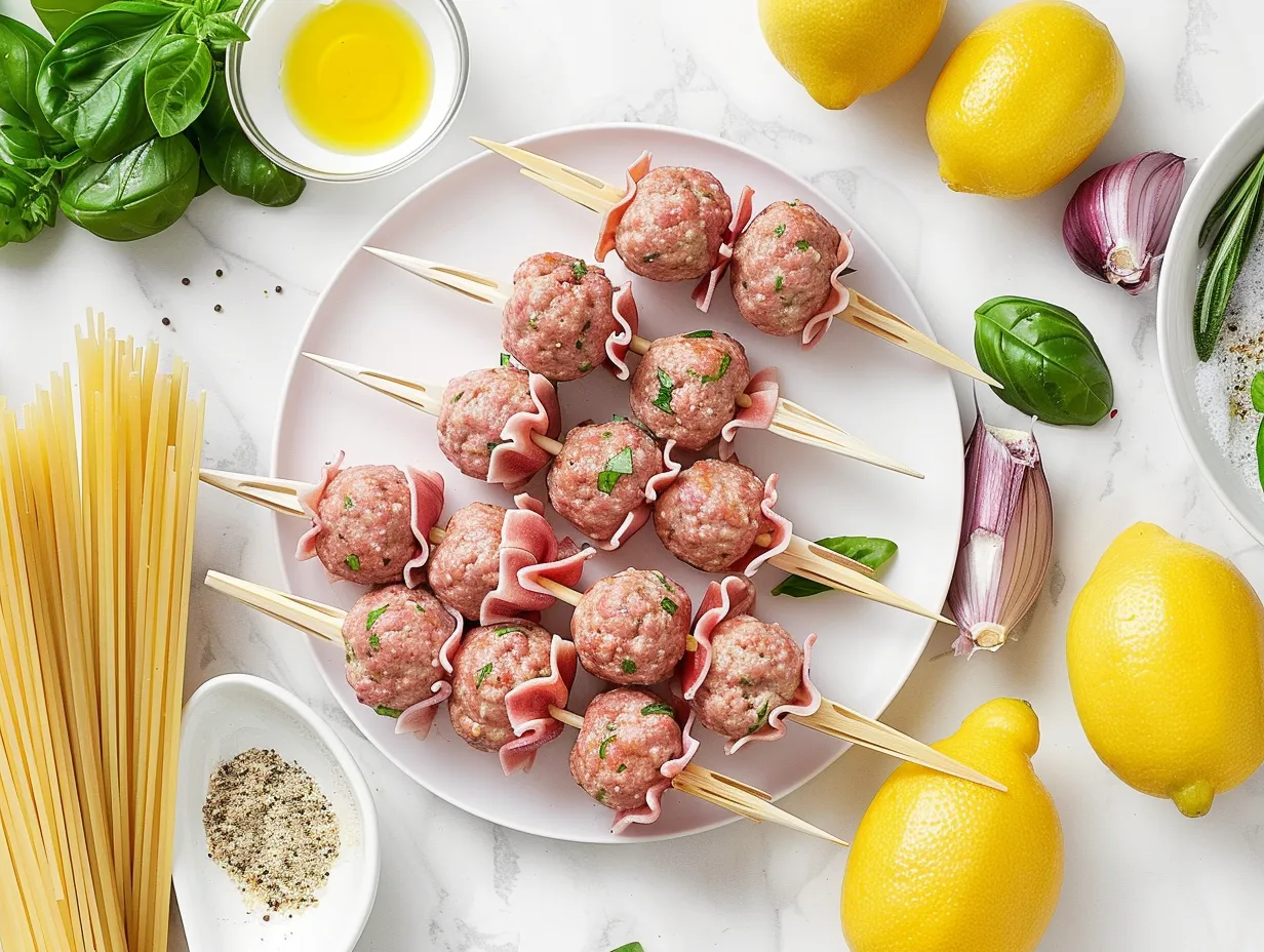 Ingredients for making Bowtie Pasta Meatball Skewers