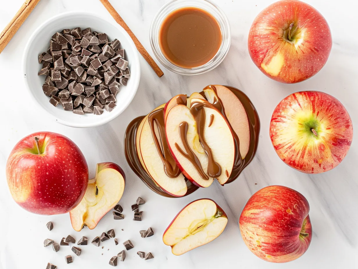 Ingredients for Caramel Apple Slices with Chocolate Drizzle including apples, caramel squares, chocolate chips, heavy cream, coconut oil, sea salt, and optional toppings.