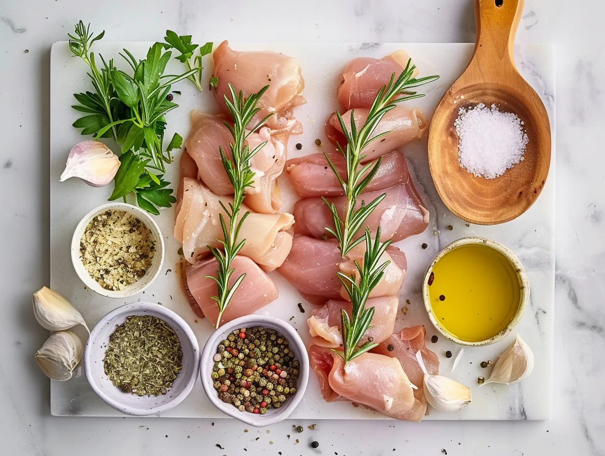 Ingredients for making creamy chicken roll-ups including chicken breasts, cream cheese, cheddar cheese, bacon, green onions, and spices