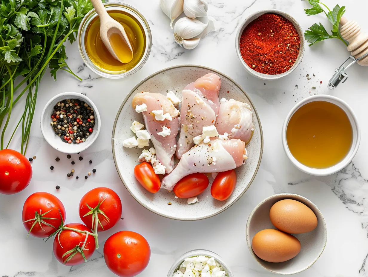 Ingredients for Crispy Feta Chicken with Hot Honey Drizzle: chicken breasts, feta cheese, parmesan, panko breadcrumbs, olive oil, oregano, garlic powder, red pepper flakes, salt, pepper, honey, hot sauce, and apple cider vinegar.