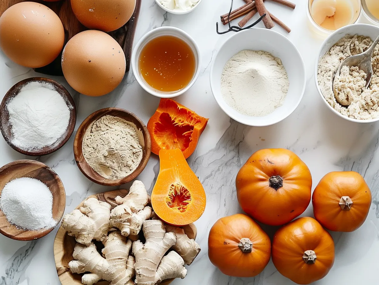 Ingredients for ginger persimmon bread arranged on a marble surface