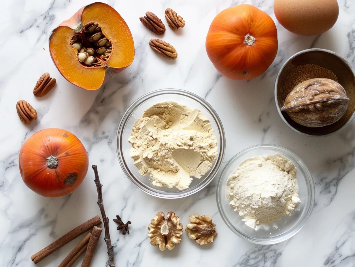 Ingredients for persimmon bread including persimmons, flour, sugar, spices, and butter