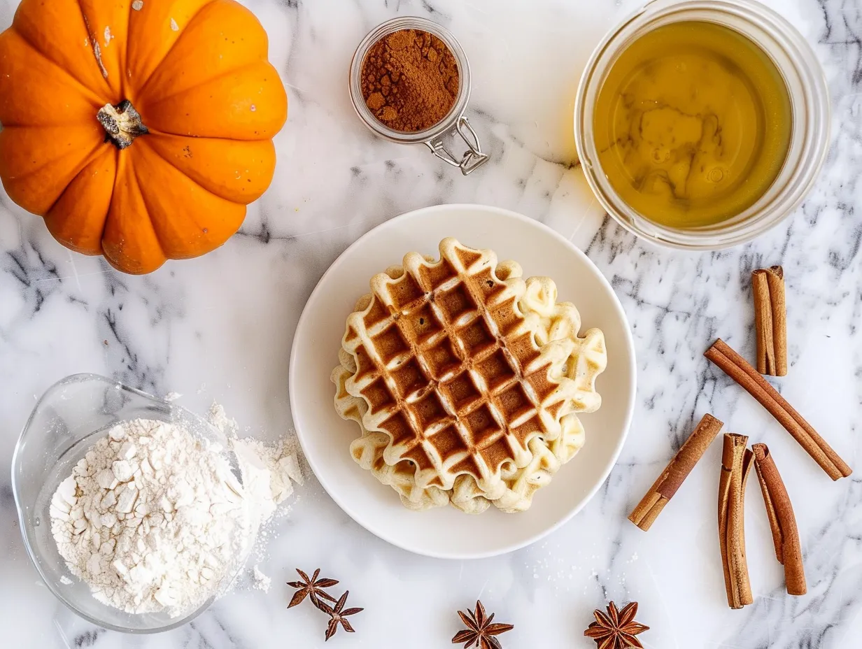 Ingredients for pumpkin spice waffles, including flour, pumpkin puree, spices, and eggs