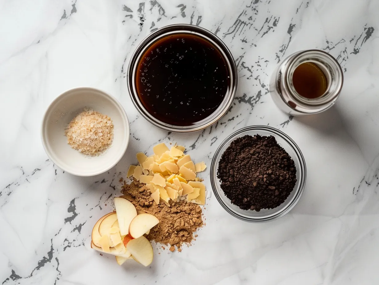 Ingredients needed for Samoa Caramel Apple Slices, including apples, caramel, coconut, chocolate chips, and cream.