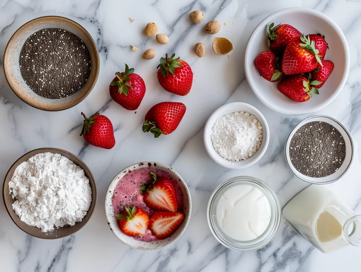 Ingredients for making Strawberry Chia Seed Pudding With Coconut Milk including coconut milk, chia seeds, strawberries, maple syrup, vanilla extract, and sea salt.