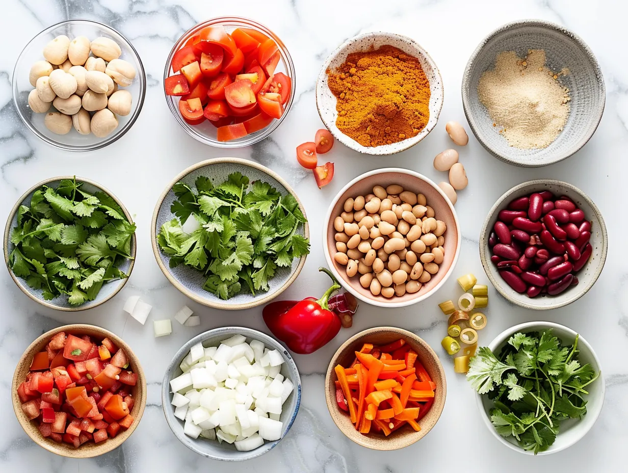 Ingredients for vegetarian chili and cornbread in separate bowls