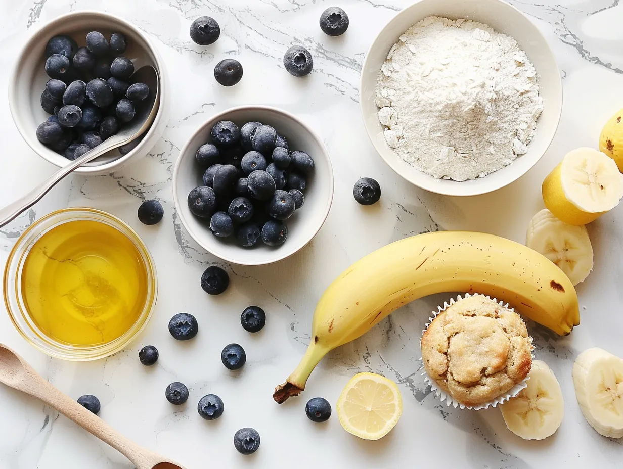 Ingredients for banana blueberry muffins laid out on a wooden surface