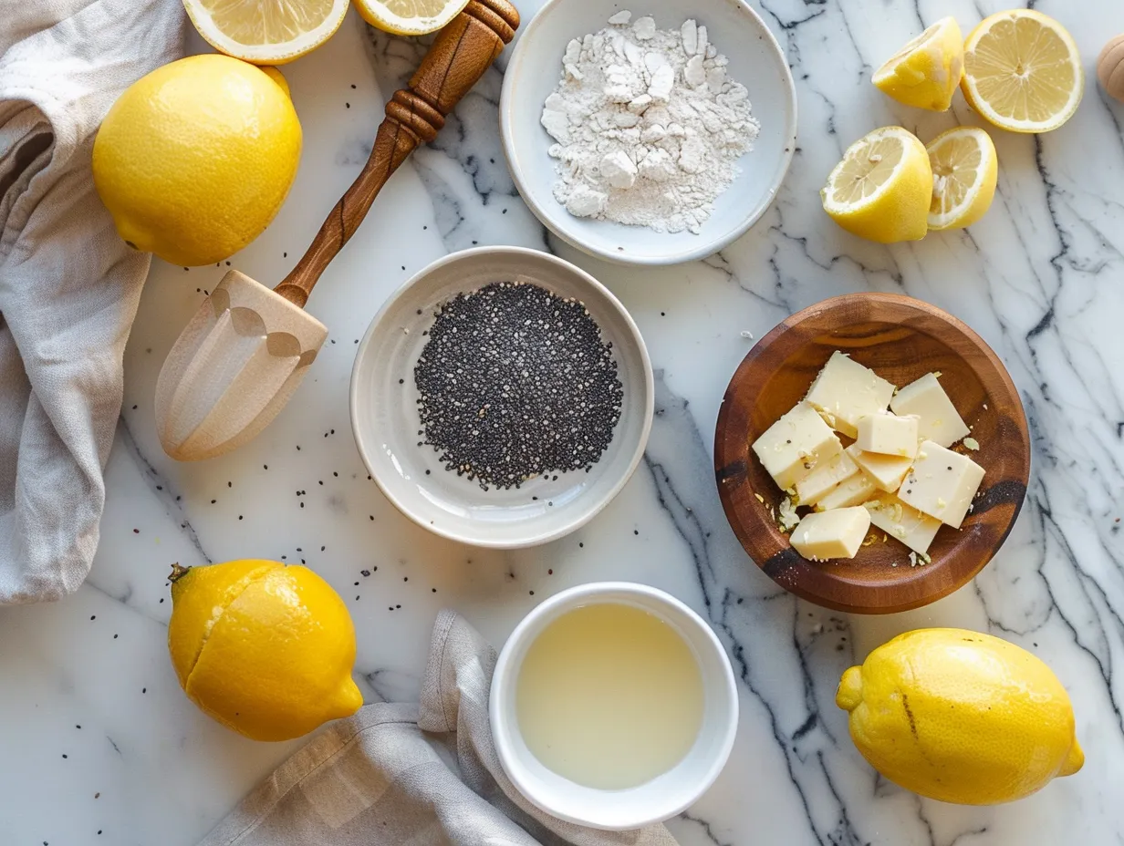 Lemon Poppy Seed Pancakes ingredients laid out on a wooden surface